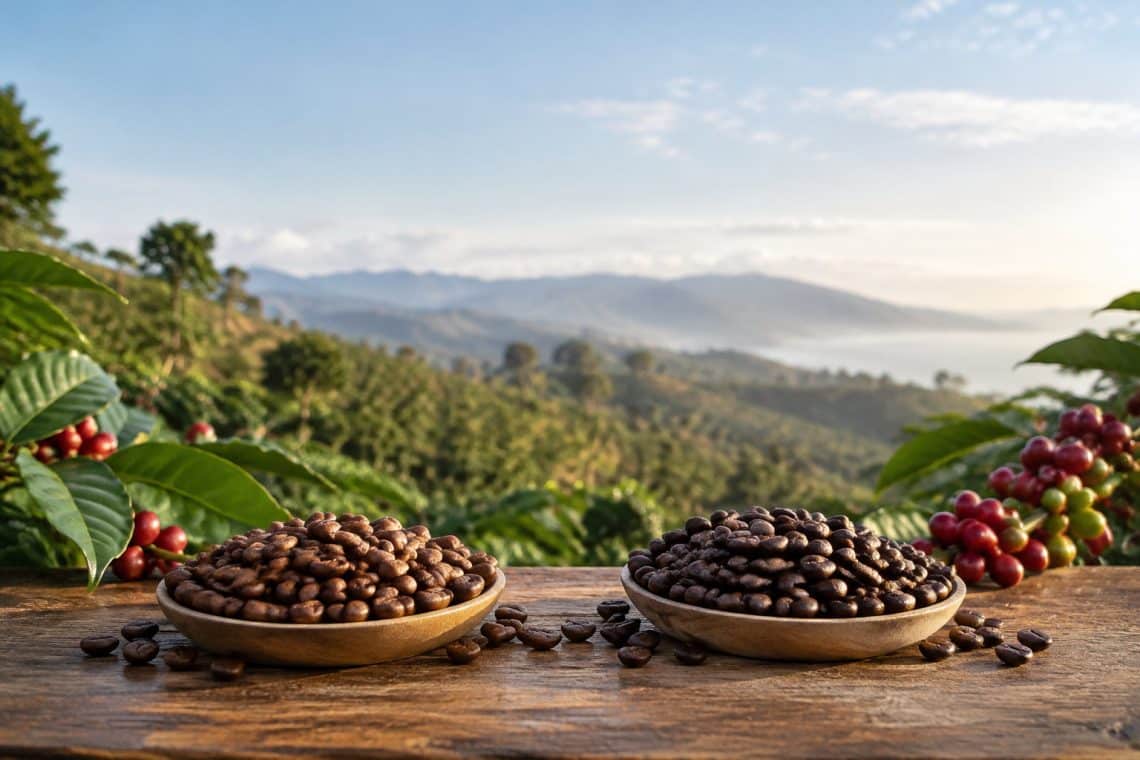 Deux coupelles de grains de café torréfiés posées sur une table en bois, devant une plantation montagneuse.