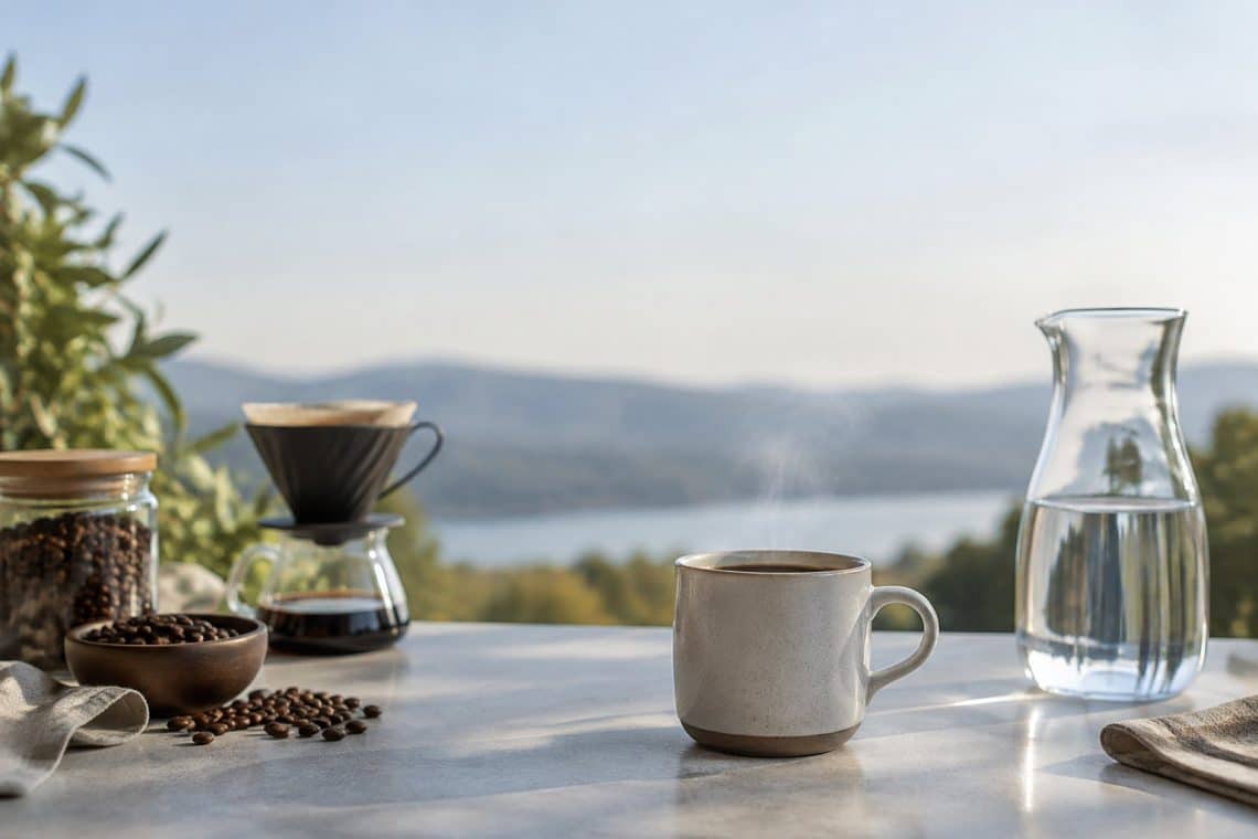 Une tasse de caf&eacute; fumant, une carafe d'eau et du mat&eacute;riel de pr&eacute;paration sur une table face &agrave; un lac.