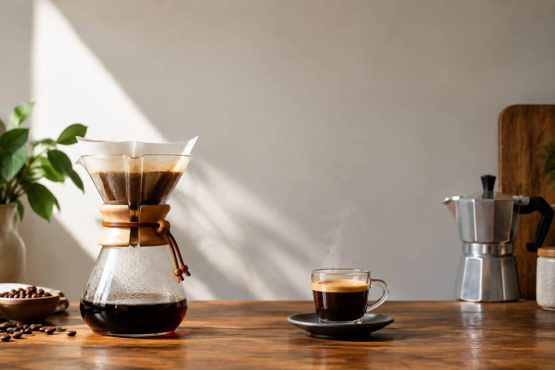 Une cafeti&egrave;re filtre en verre et une tasse d'expresso fumante sur une table en bois dans une cuisine lumineuse.