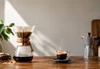 Une cafetière filtre en verre et une tasse d'expresso fumante sur une table en bois dans une cuisine lumineuse.