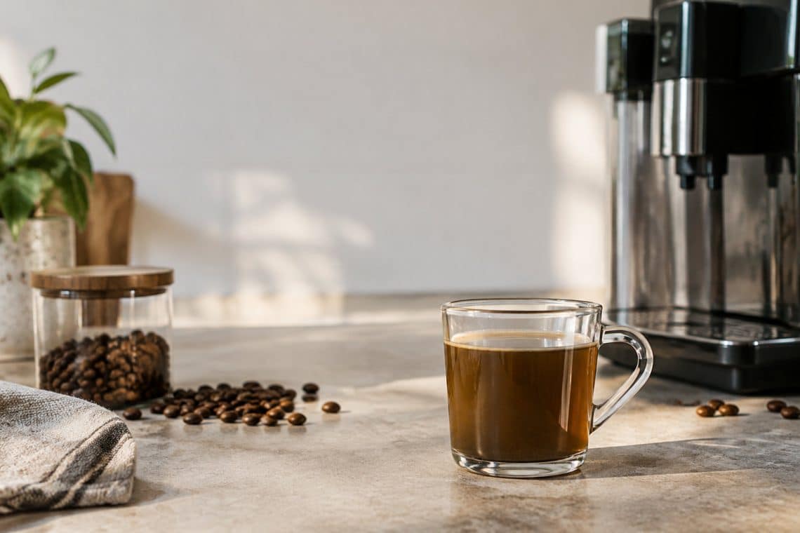 Une tasse de café sur un comptoir à côté d'une machine à café automatique et de grains de café éparpillés.