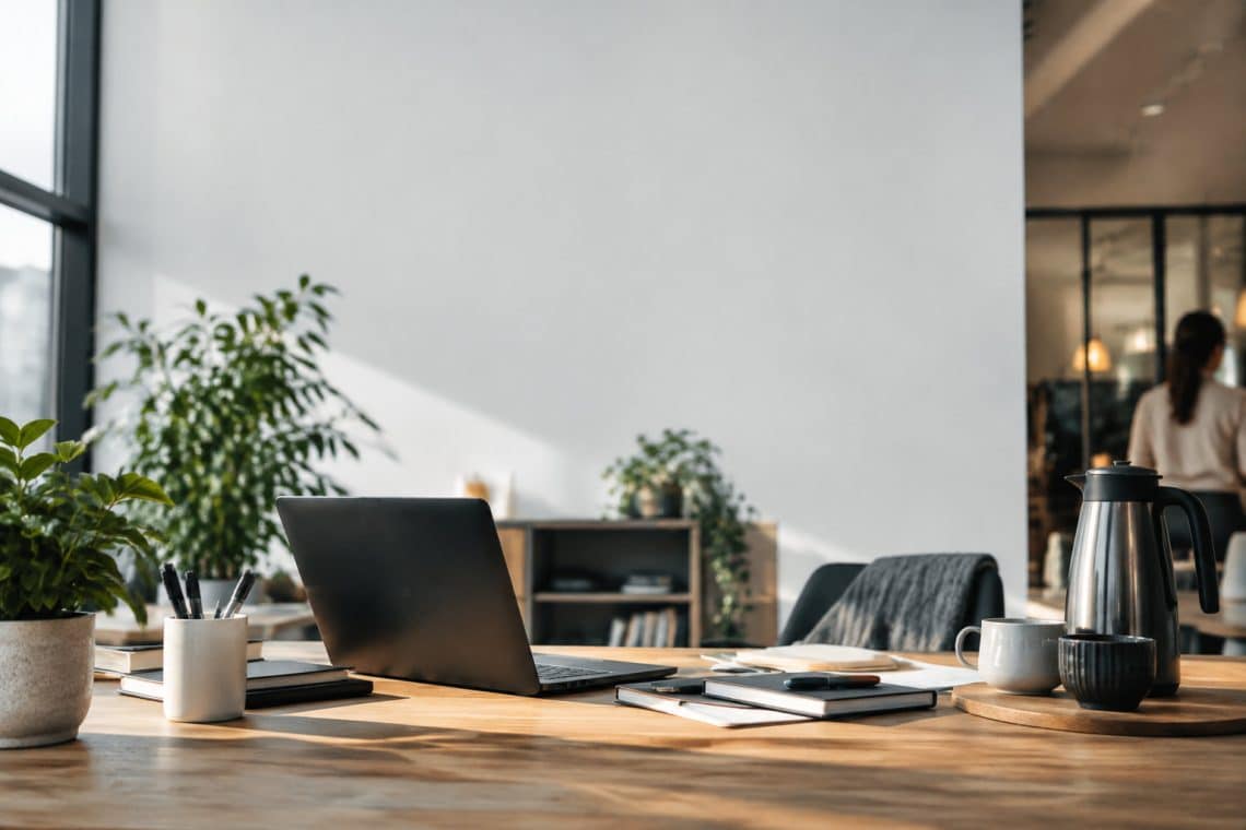Bureau moderne et lumineux avec un ordinateur portable, des carnets et une cafeti&egrave;re pos&eacute;s sur une table en bois.