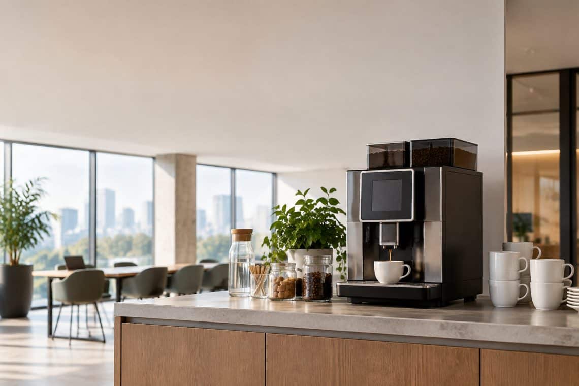 Machine &agrave; caf&eacute; moderne dans une cuisine de bureau avec vue sur la ville.