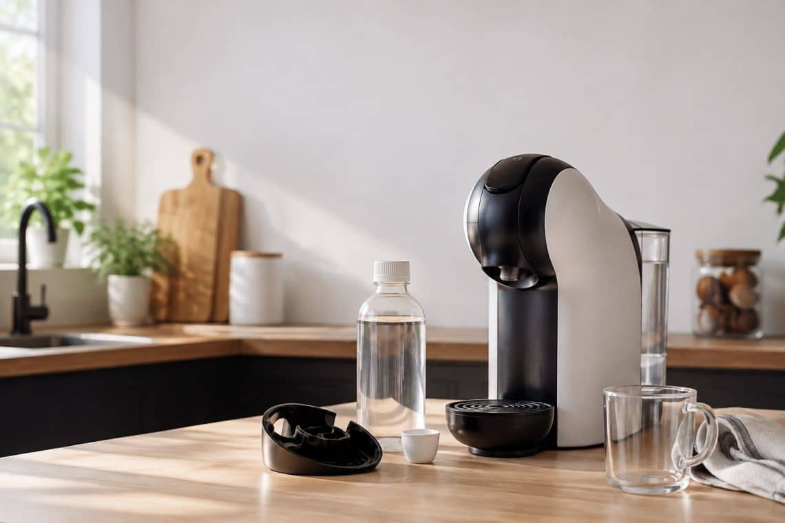 Machine à café Dolce Gusto Genio S sur un plan de travail avec une bouteille de solution de détartrage et un verre vide.