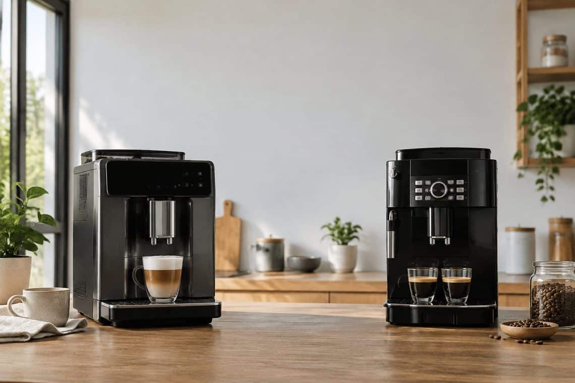 Deux machines &agrave; caf&eacute; automatiques pos&eacute;es sur une table en bois dans une cuisine lumineuse.
