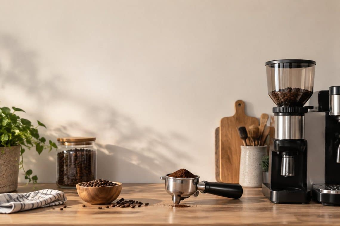 Un porte-filtre rempli de caf&eacute; moulu pos&eacute; sur une table en bois, &agrave; c&ocirc;t&eacute; d'un moulin et d'un bol de grains de caf&eacute;.