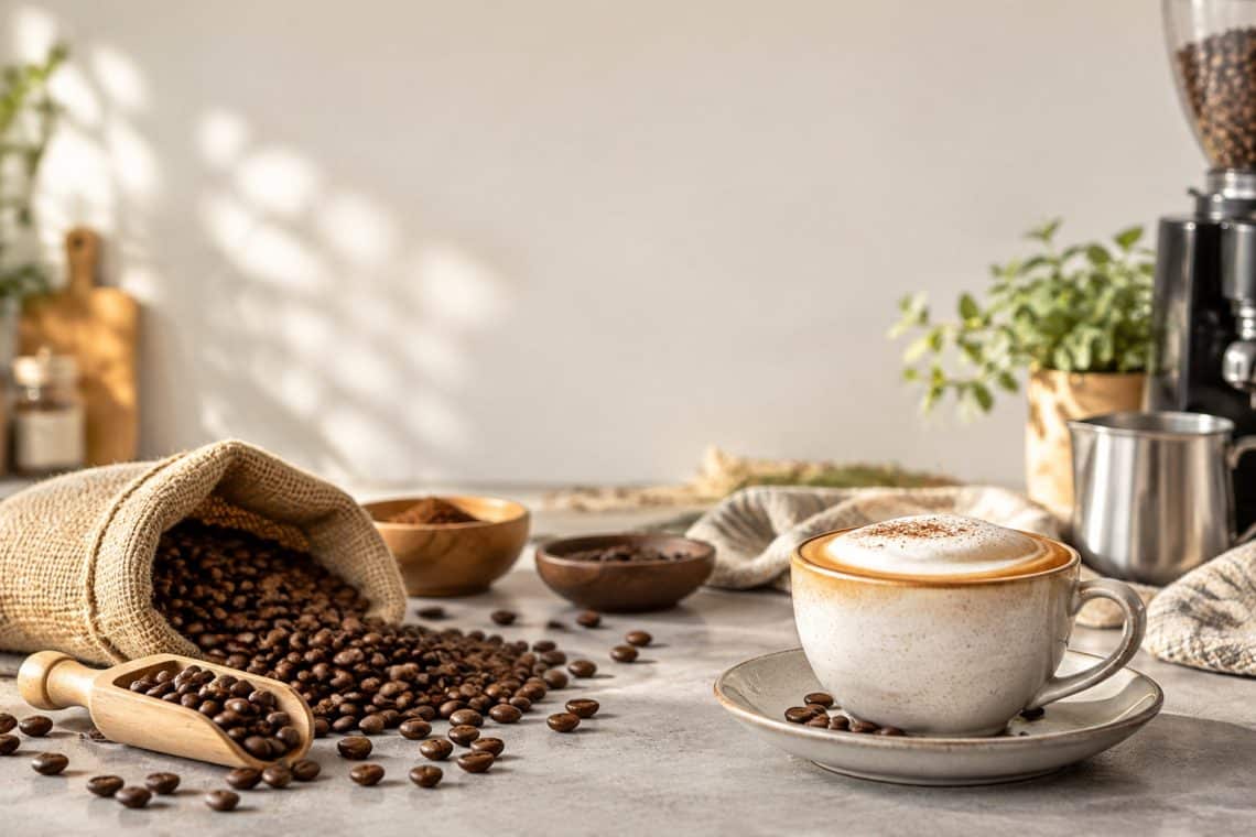 Tasse de cappuccino avec mousse, sac de grains de caf&eacute; et accessoires sur une table lumineuse.