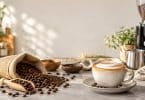 Tasse de cappuccino avec mousse, sac de grains de café et accessoires sur une table lumineuse.
