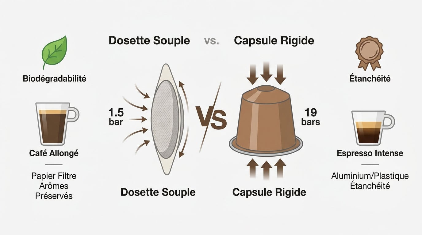 Comparaison technique entre une dosette souple en papier et une capsule rigide en aluminium