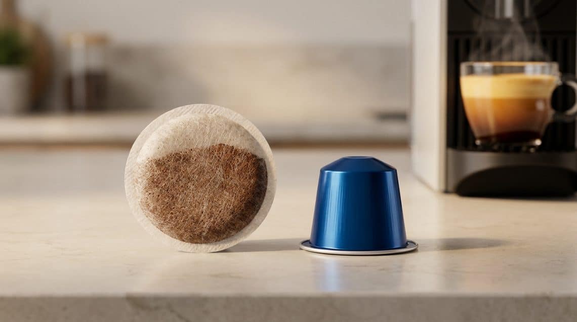 Une dosette en papier souple &agrave; c&ocirc;t&eacute; d'une capsule en aluminium bleu sur un plan de travail avec une machine &agrave; caf&eacute;.