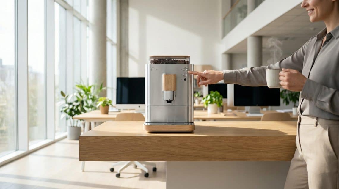 Une femme utilise une machine &agrave; caf&eacute; automatique moderne dans un bureau lumineux et &eacute;pur&eacute;.