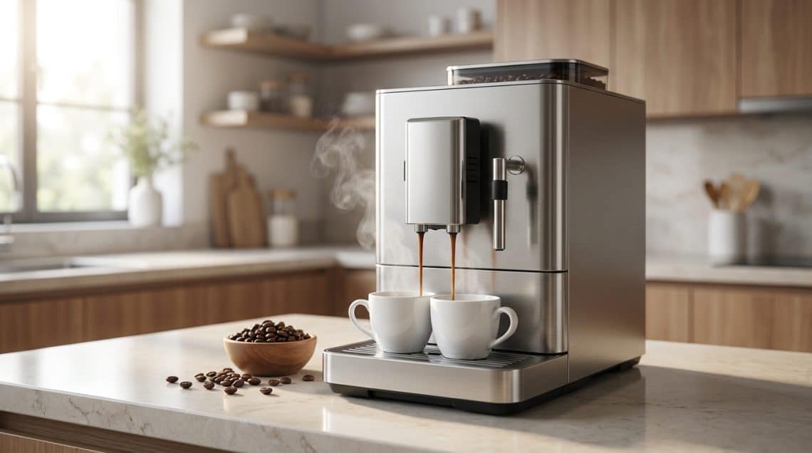Machine &agrave; caf&eacute; en acier inoxydable pr&eacute;parant deux tasses de caf&eacute; simultan&eacute;ment dans une cuisine moderne.
