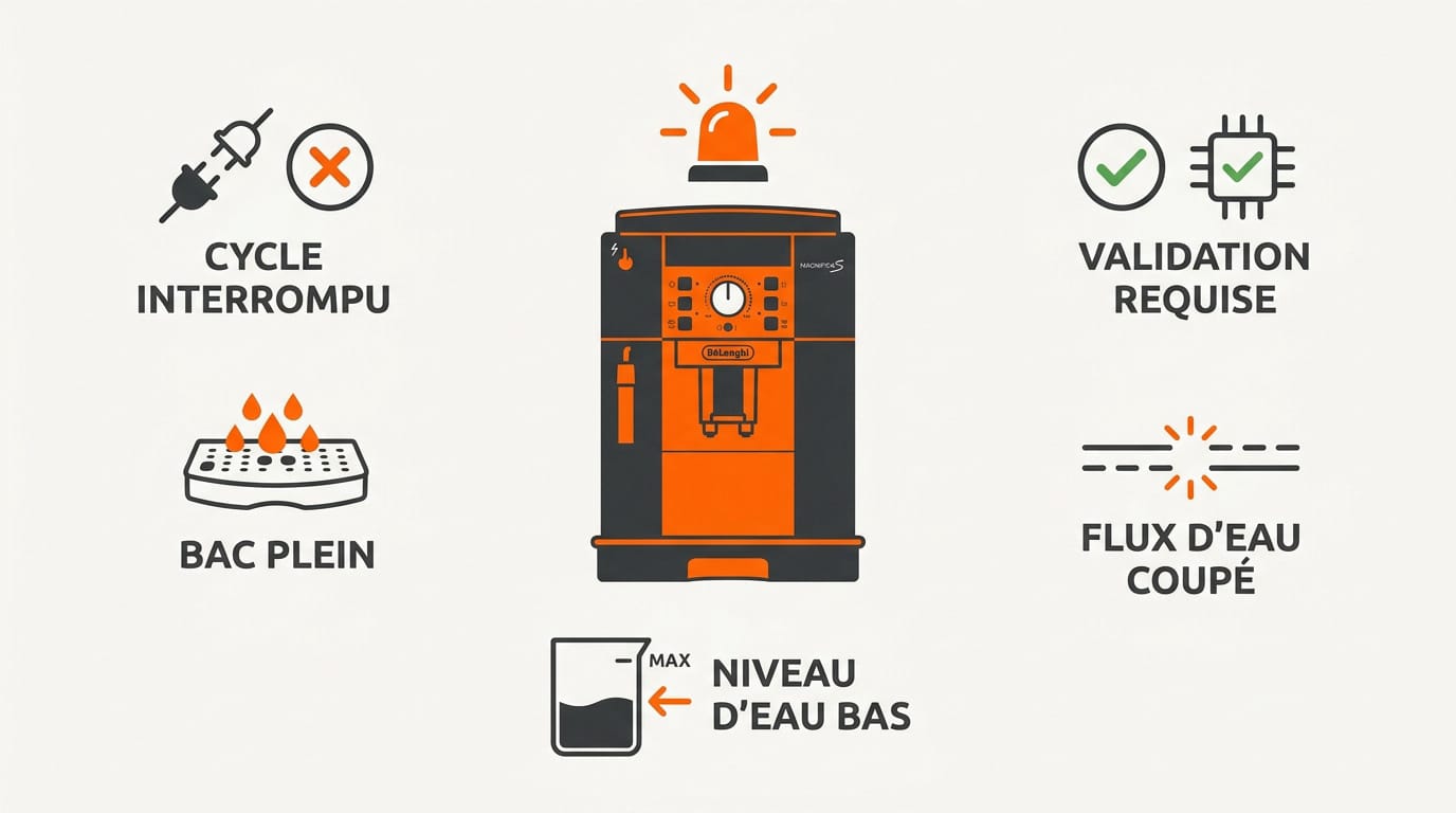 Voyant rouge allum&eacute; sur panneau de commande DeLonghi Magnifica S apr&egrave;s entretien