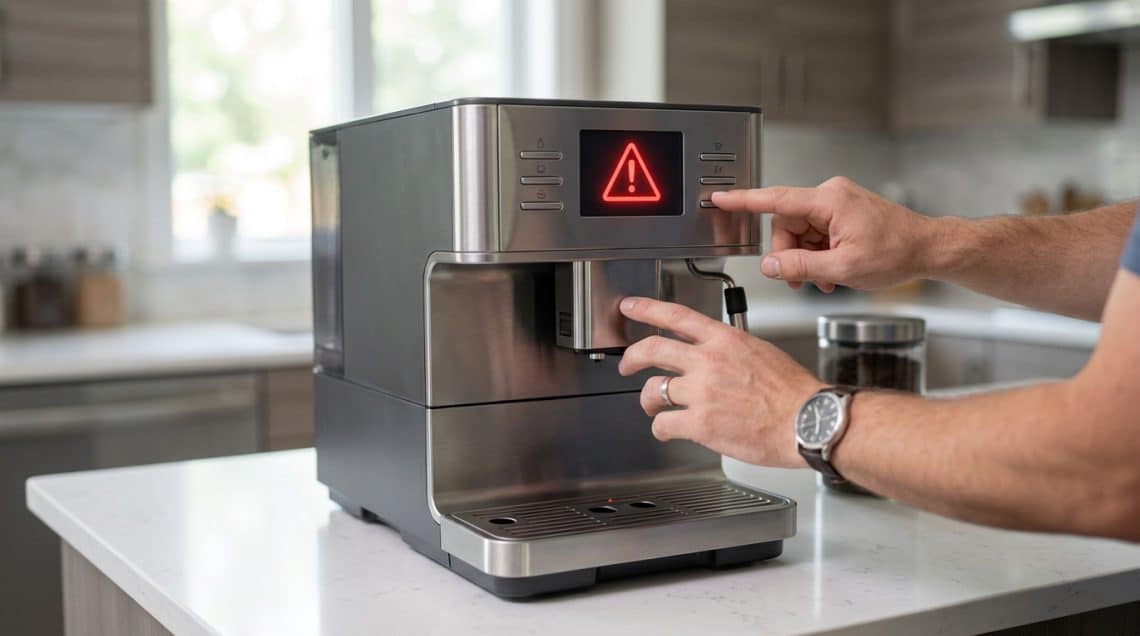 Une personne touche une machine &agrave; caf&eacute; DeLonghi avec un voyant d'avertissement rouge allum&eacute; sur l'&eacute;cran.