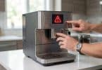Une personne touche une machine à café DeLonghi avec un voyant d'avertissement rouge allumé sur l'écran.