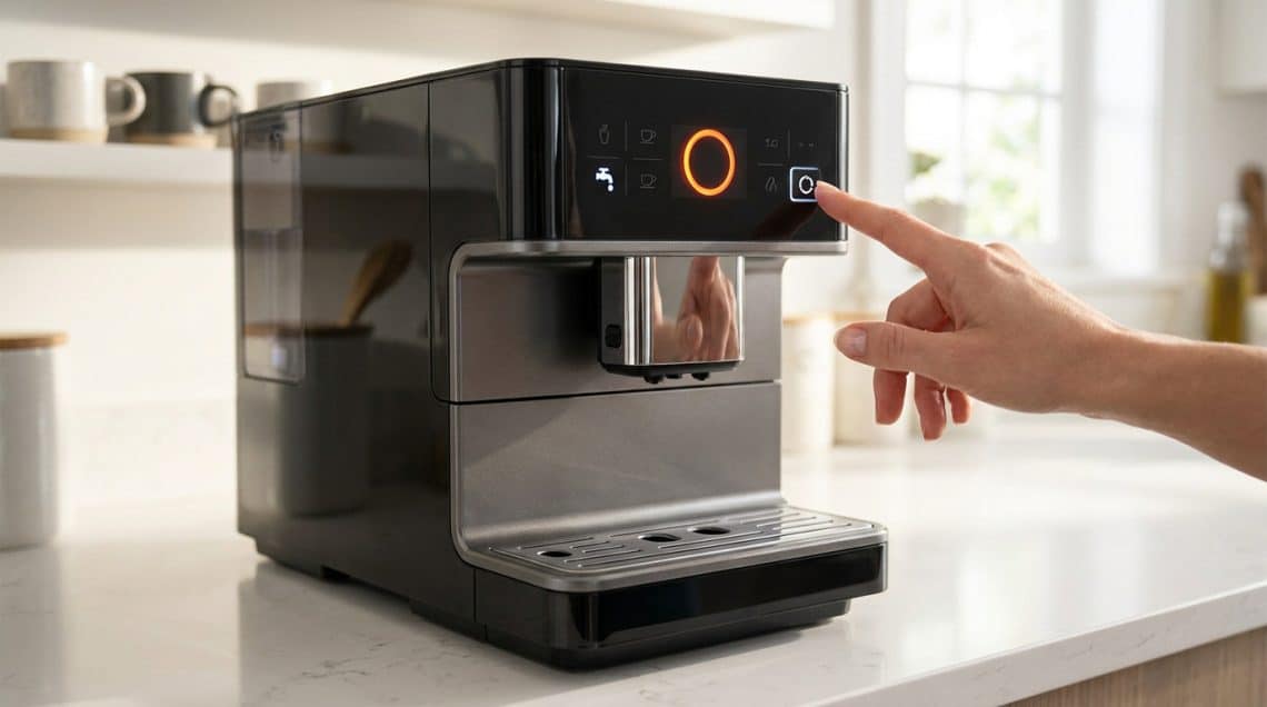 Une main appuie sur le bouton de r&eacute;initialisation d'une machine &agrave; caf&eacute; DeLonghi noire dans une cuisine.