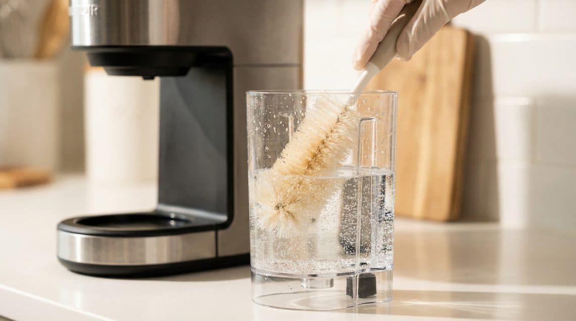 Une main gant&eacute;e nettoie le r&eacute;servoir transparent d'une cafeti&egrave;re avec une brosse &agrave; r&eacute;curer dans une cuisine ensoleill&eacute;e.