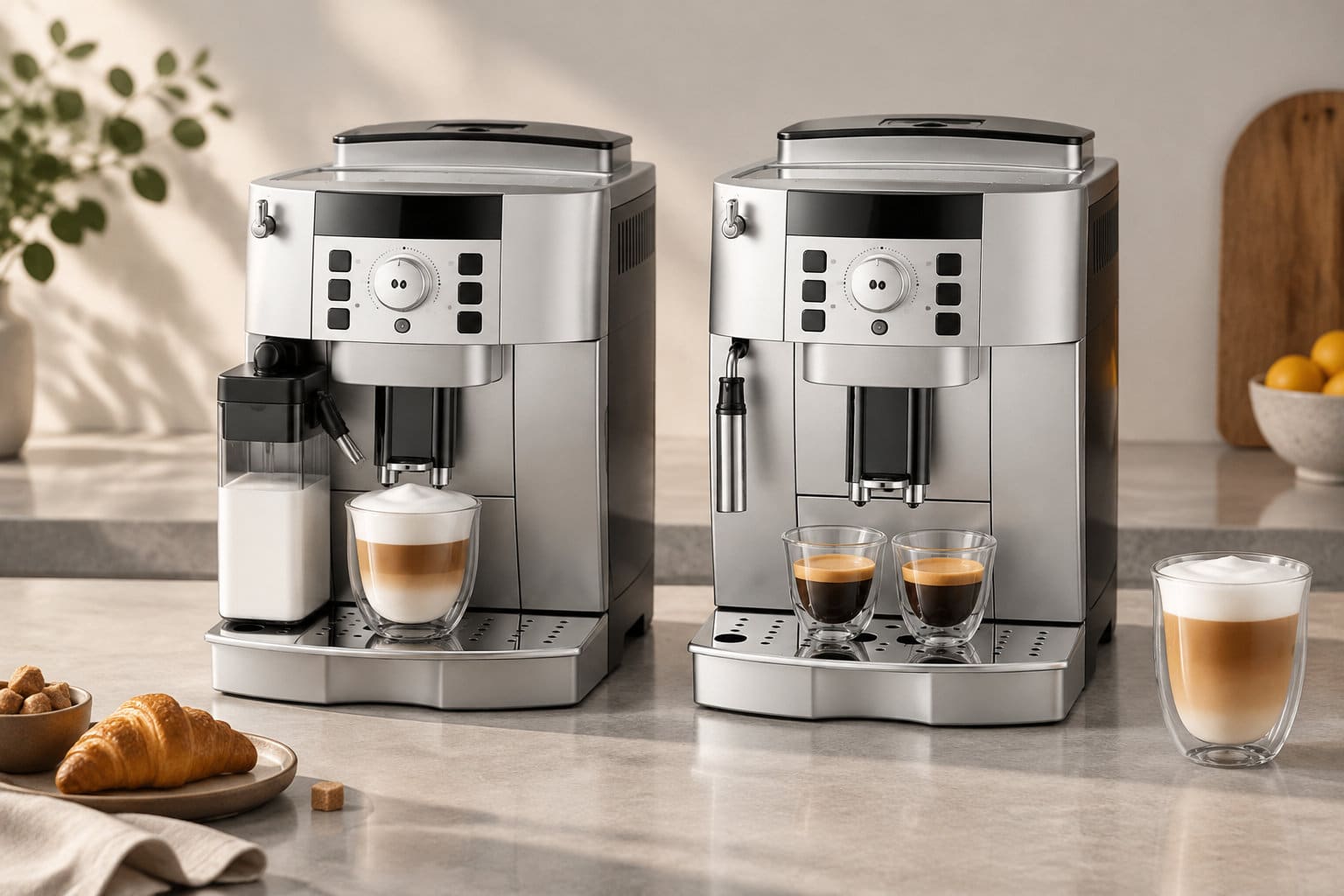Deux machines &agrave; caf&eacute; en inox sont pos&eacute;es sur un comptoir, avec des tasses de caf&eacute;, un croissant et des morceaux de sucre.