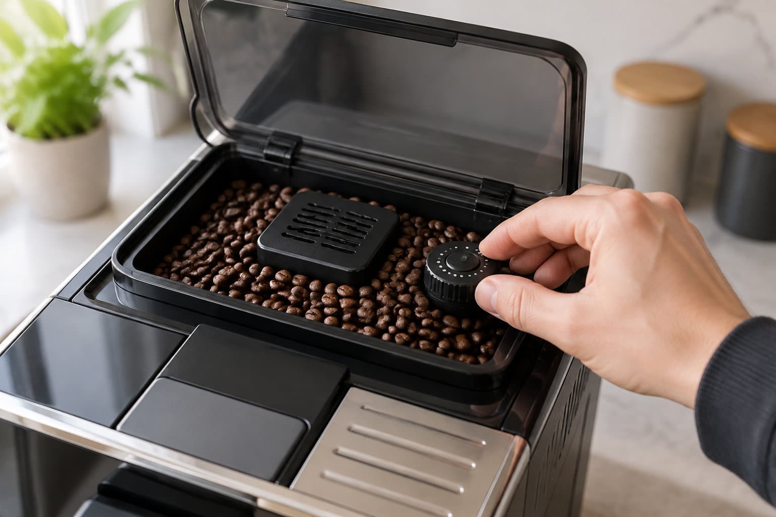 Une main tourne un bouton dans le r&eacute;servoir ouvert d&rsquo;une machine &agrave; caf&eacute;, rempli de grains de caf&eacute;.