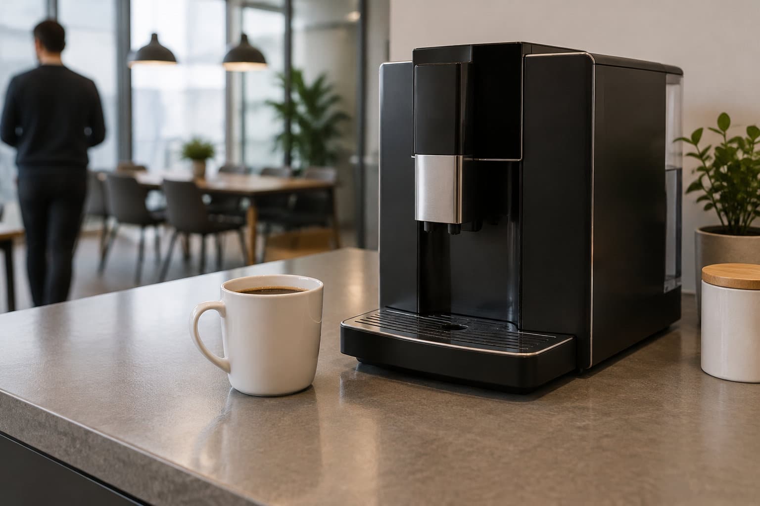 Une machine &agrave; caf&eacute; noire et une tasse de caf&eacute; sont pos&eacute;es sur un comptoir, dans une pi&egrave;ce avec des tables et des plantes.