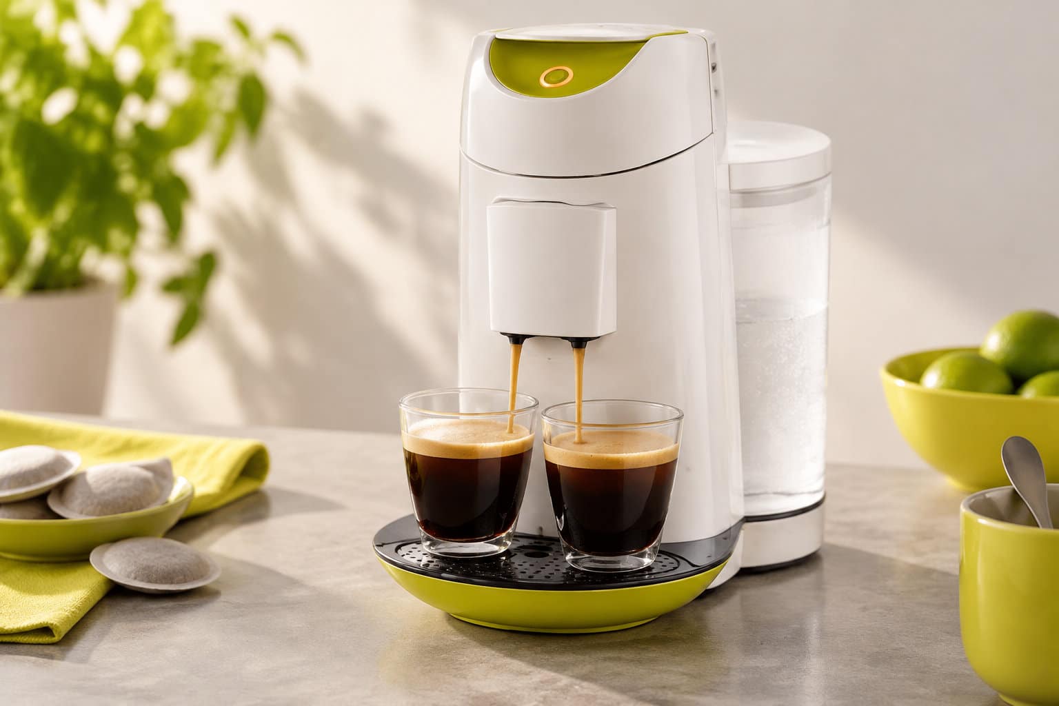 Une machine &agrave; caf&eacute; blanche et verte verse du caf&eacute; dans deux tasses, sur un comptoir entour&eacute; de capsules, d&rsquo;un bol de citrons verts et d&rsquo;une plante.