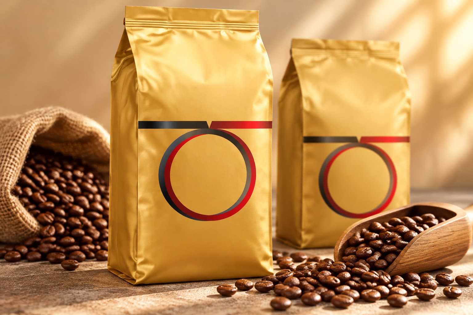 Deux sachets dor&eacute;s sans texte, orn&eacute;s de cercles rouges et noirs, sont entour&eacute;s de grains de caf&eacute; et d&rsquo;une pelle en bois.