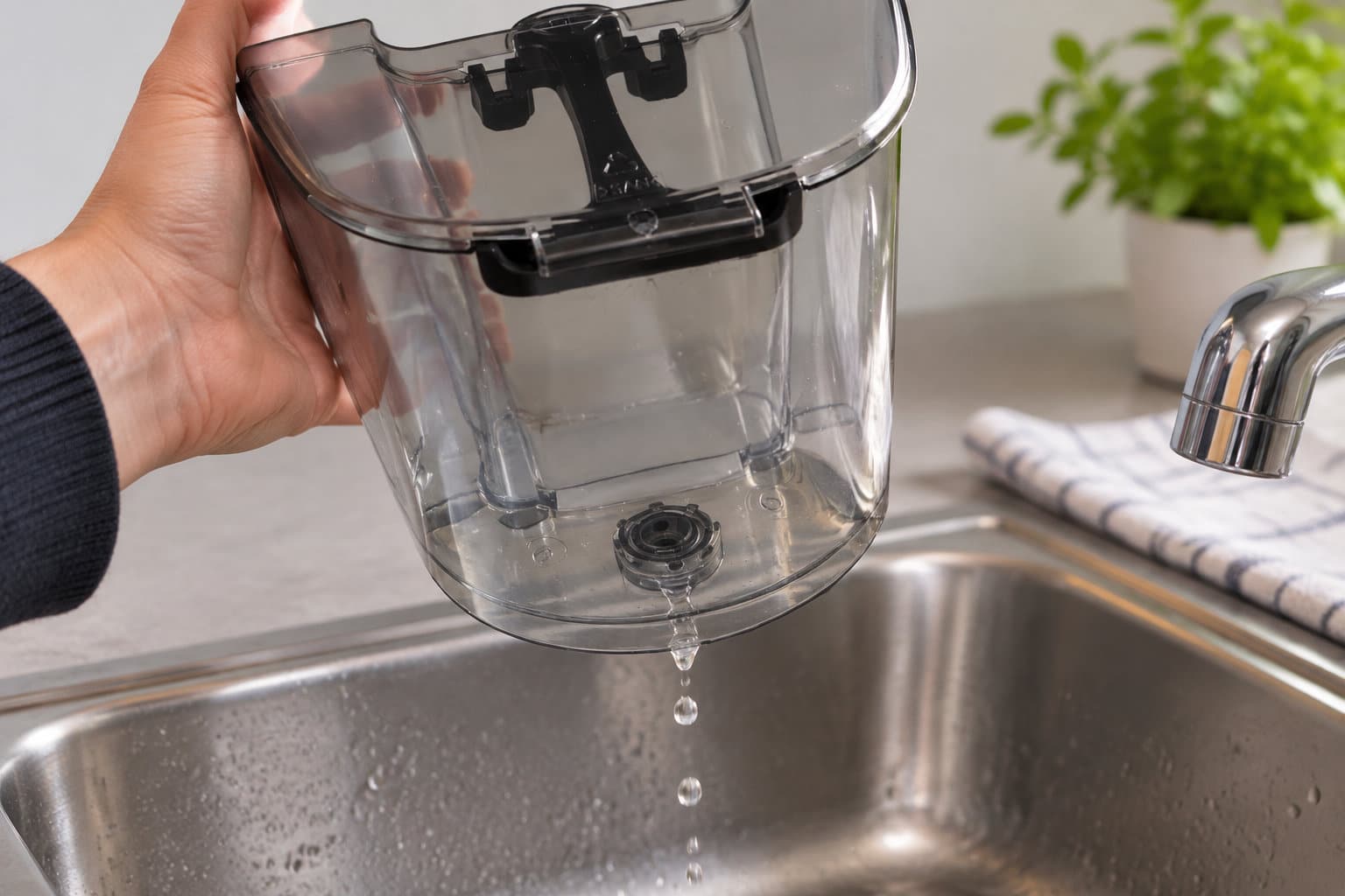 Une main tient un r&eacute;servoir en plastique transparent au-dessus d&rsquo;un &eacute;vier, tandis que des gouttes d&rsquo;eau s&rsquo;&eacute;coulent par son orifice.