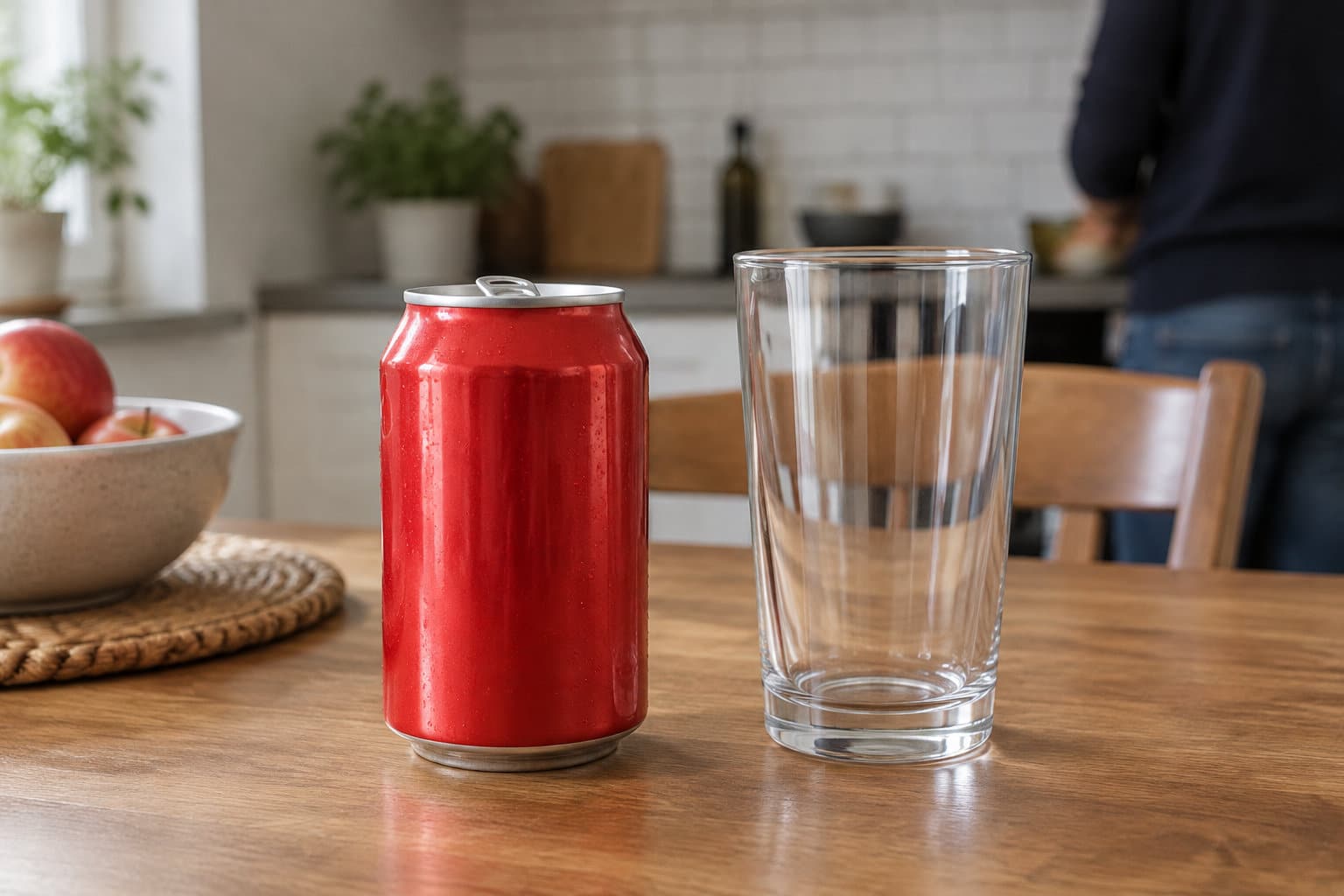 Une canette rouge ouverte et un verre vide sont pos&eacute;s sur une table en bois, dans une cuisine.