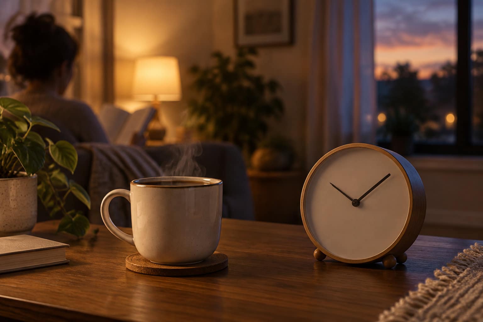 Une tasse fumante et une horloge sont posées sur une table en bois, dans un salon chaleureux au crépuscule.