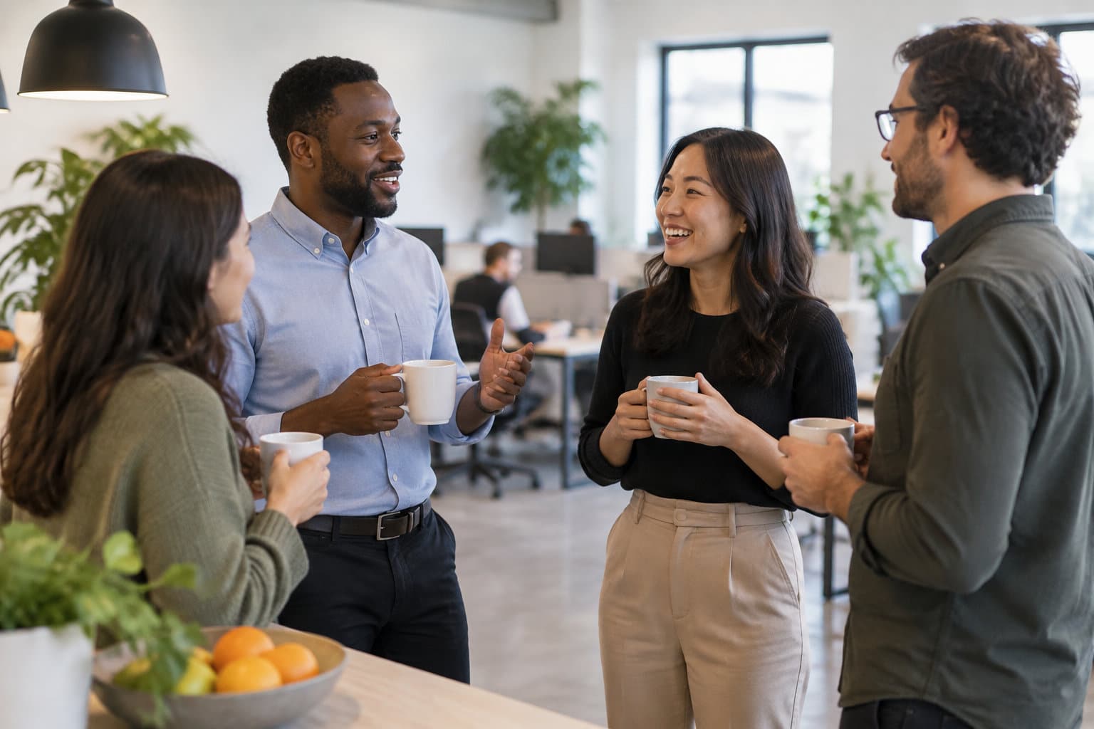 Quatre coll&egrave;gues discutent en souriant autour de tasses dans une cuisine de bureau lumineuse.
