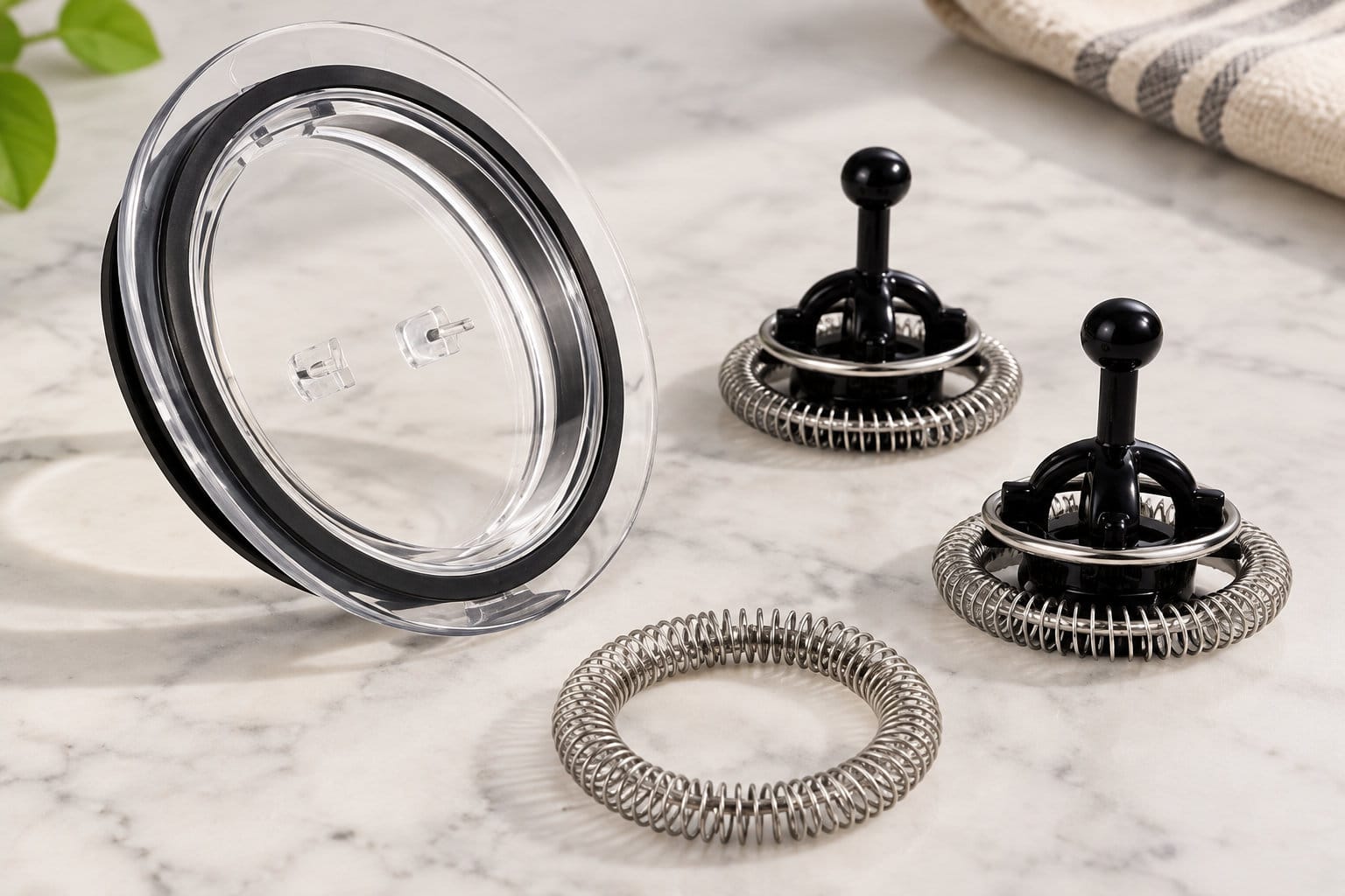Un couvercle circulaire transparent et trois accessoires &agrave; ressort en m&eacute;tal sont pos&eacute;s sur un plan de travail en marbre.