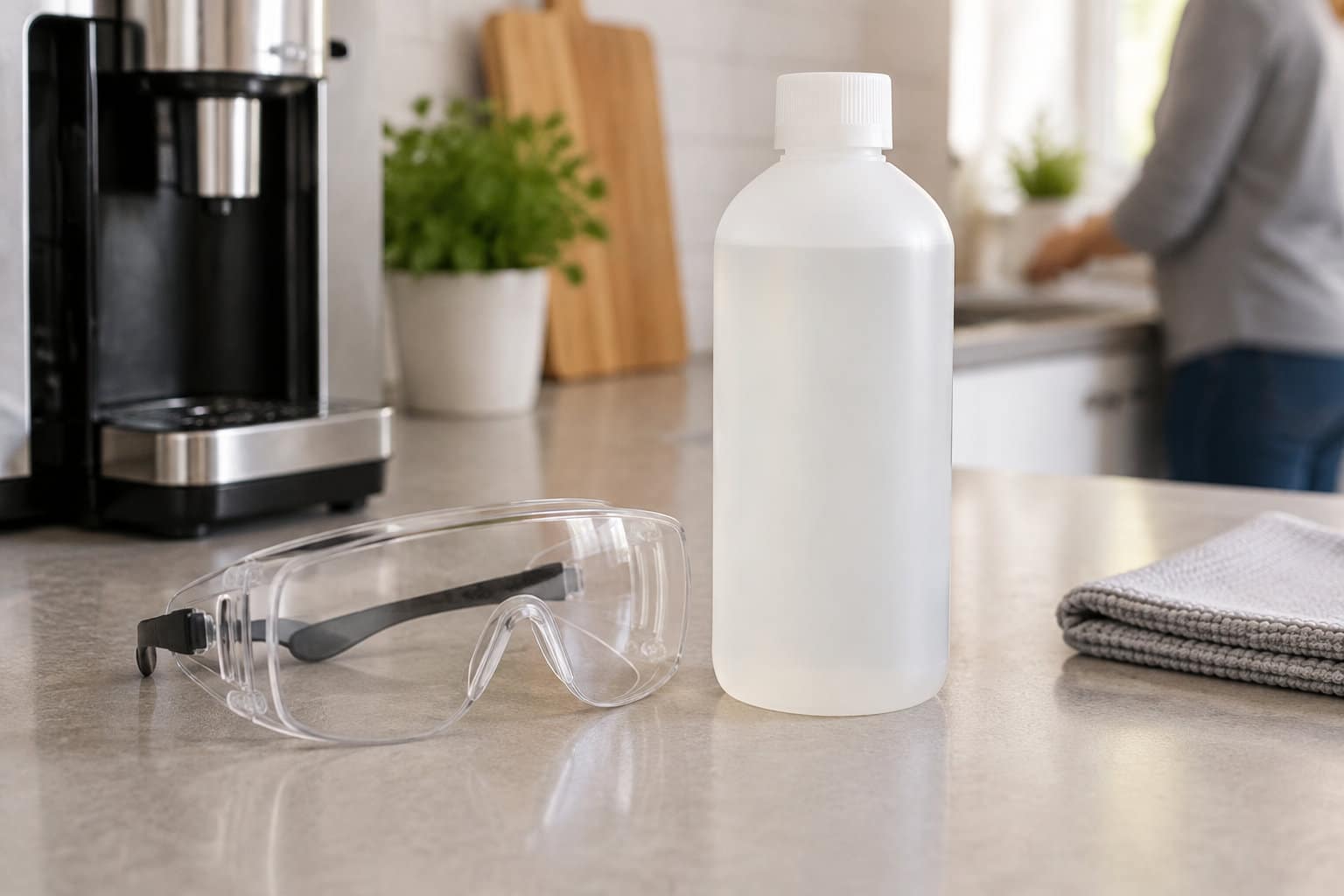 Des lunettes de protection transparentes et une bouteille blanche sont posées sur un plan de travail, près d’une machine à café et d’un torchon plié.