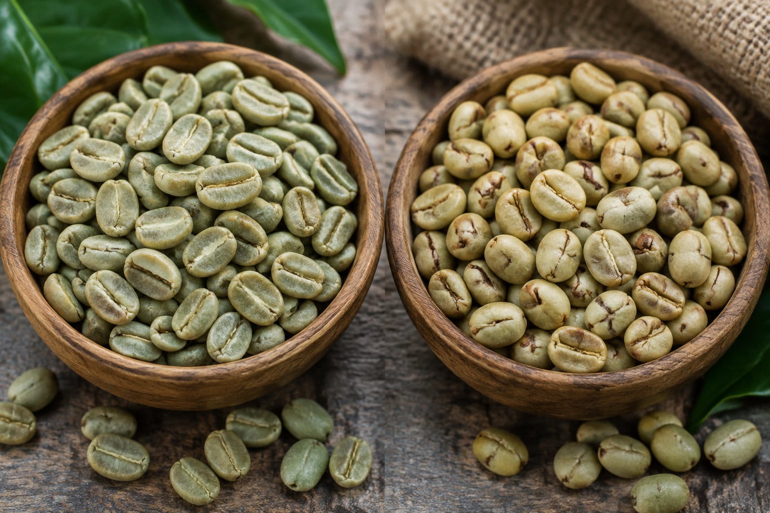 Deux bols en bois contiennent des grains de café vert, l’un à gauche et l’autre à droite, sur une surface rustique entourée de feuilles vertes.