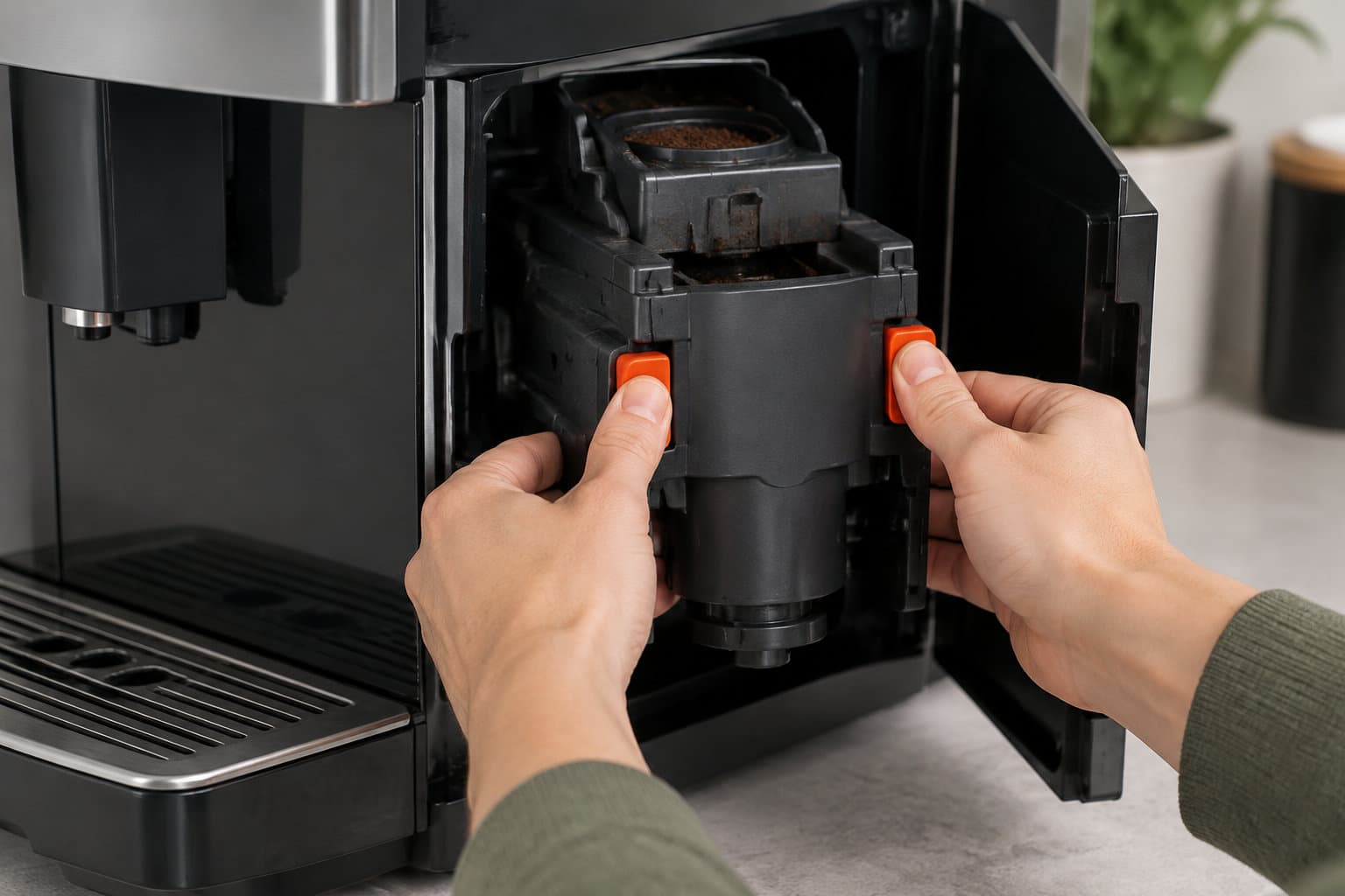 Deux mains retirent le bloc d&rsquo;infusion contenant du marc de caf&eacute; d&rsquo;une machine &agrave; caf&eacute; automatique ouverte.