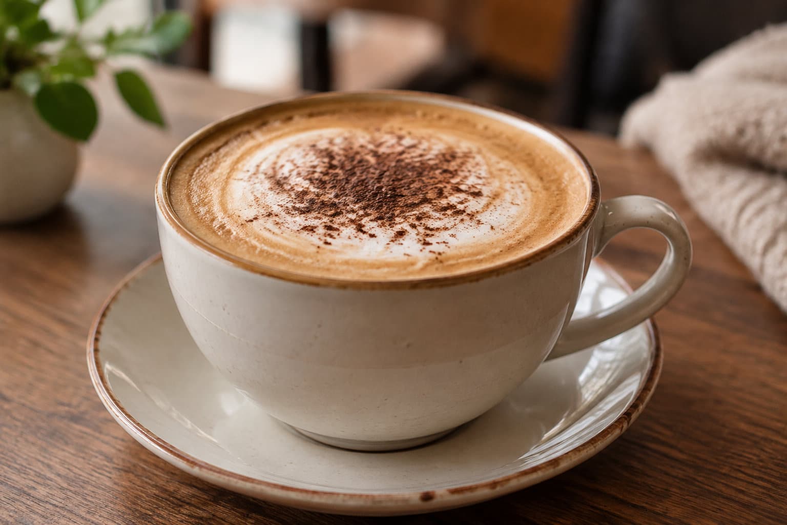 Une tasse de caf&eacute; au lait mousseux saupoudr&eacute; de cacao repose sur une soucoupe, sur une table en bois.