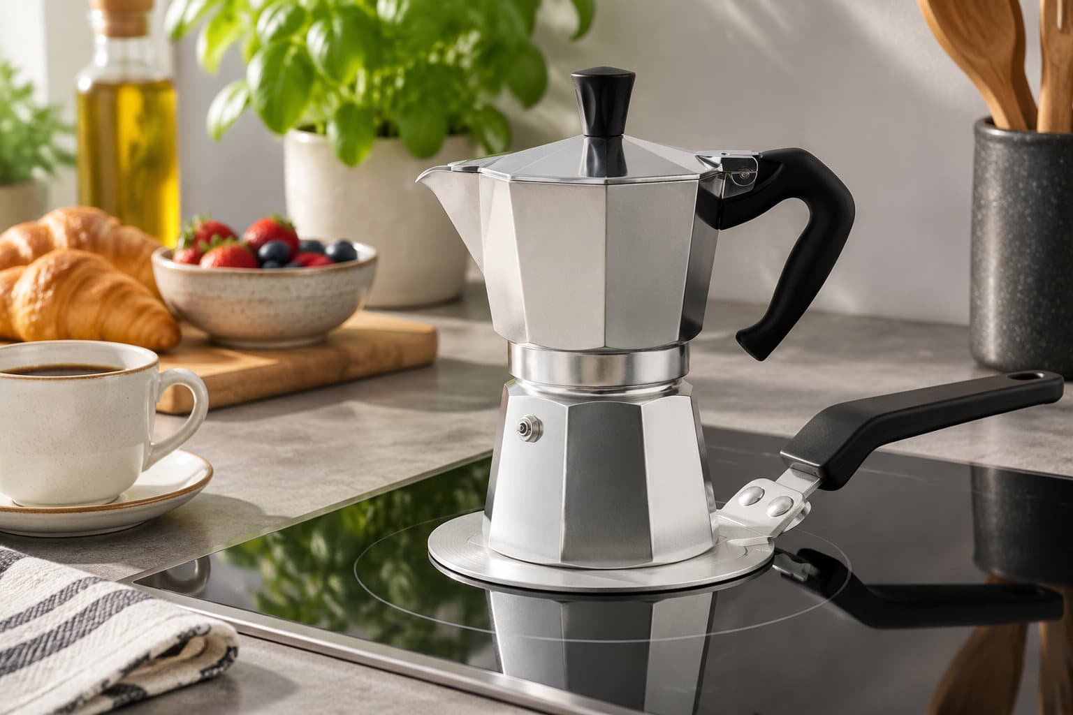 Une cafetière italienne en métal est posée sur une plaque de cuisson, près d’une tasse de café, de croissants et d’un bol de fruits.