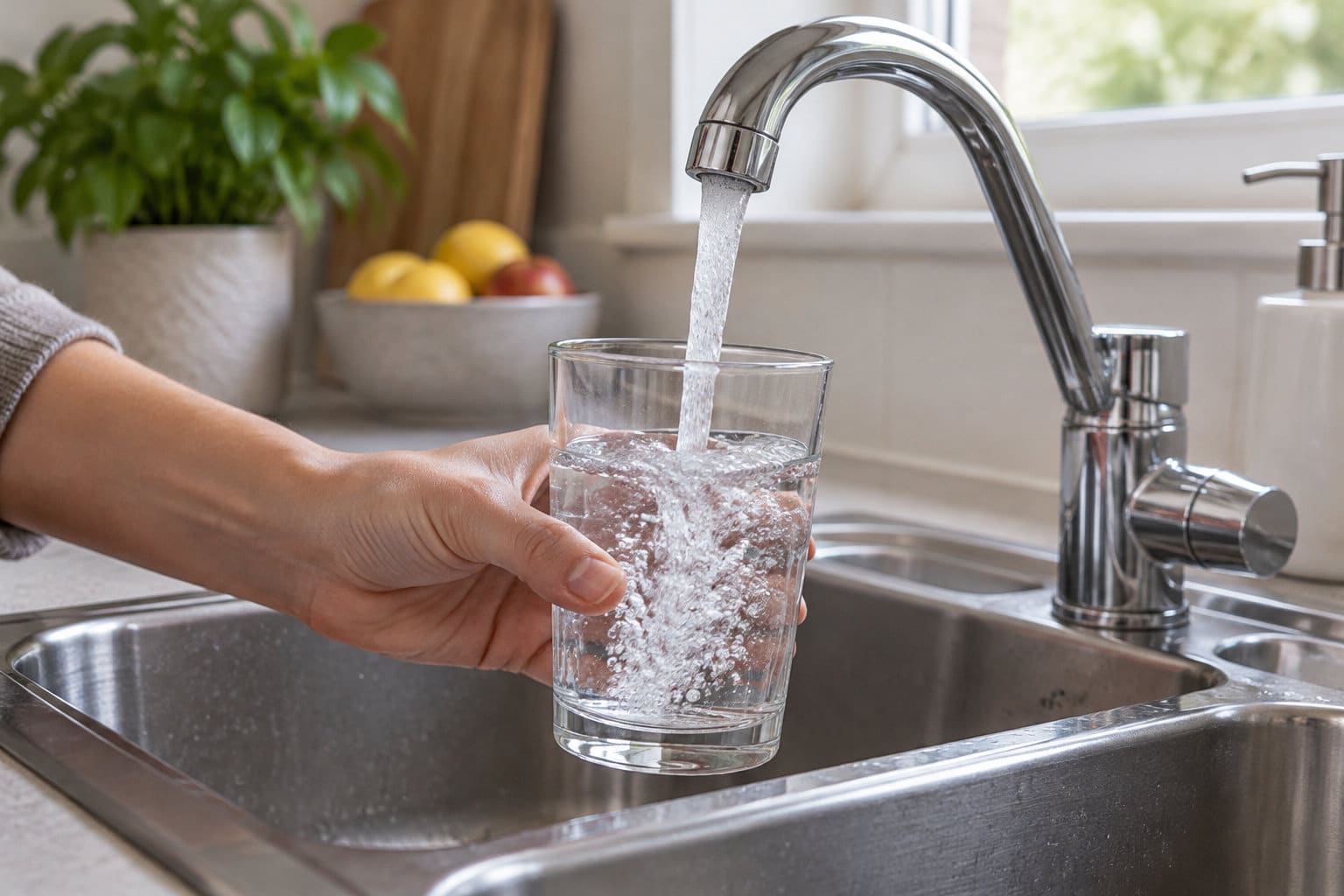 Une main tient un verre sous un robinet ouvert, au-dessus d&rsquo;un &eacute;vier de cuisine.