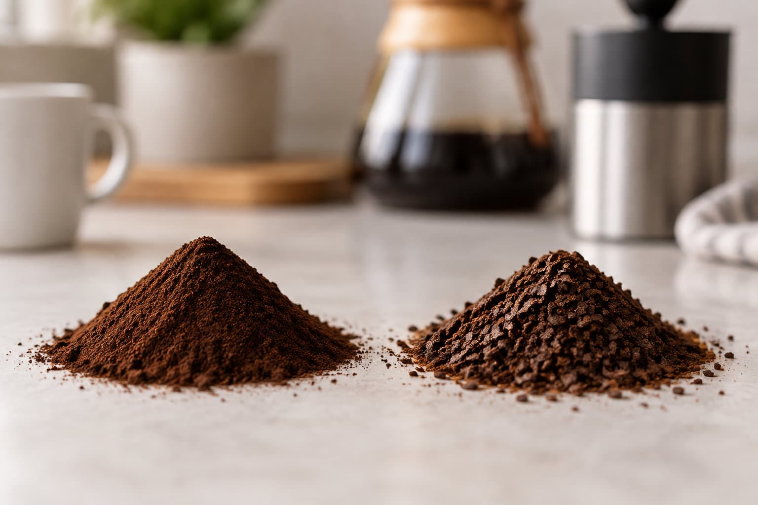 Deux tas de caf&eacute; moulu, l&rsquo;un fin et l&rsquo;autre plus grossier, sont pos&eacute;s sur un plan de travail devant une cafeti&egrave;re et une tasse.