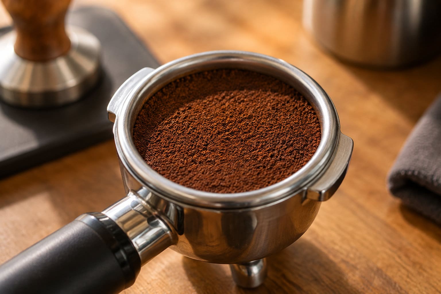Un porte-filtre rempli de caf&eacute; moulu repose sur un comptoir en bois, avec un tasseur et un chiffon &agrave; proximit&eacute;.