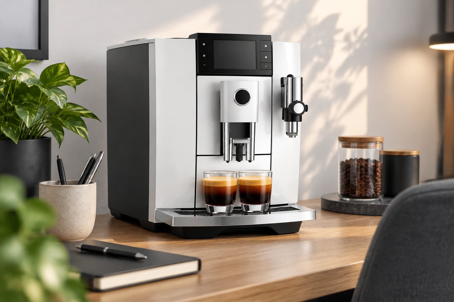 Une machine &agrave; caf&eacute; automatique pr&eacute;pare deux expressos sur un bureau en bois, pr&egrave;s d&rsquo;un pot de grains de caf&eacute;, d&rsquo;une plante et d&rsquo;un carnet.