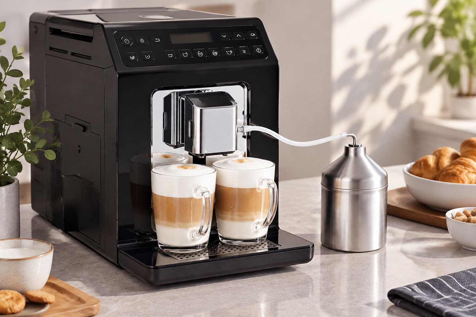 Une machine &agrave; caf&eacute; noire pr&eacute;pare deux boissons lact&eacute;es dans des tasses en verre, avec un tuyau reli&eacute; &agrave; un r&eacute;cipient m&eacute;tallique pos&eacute; sur un comptoir.