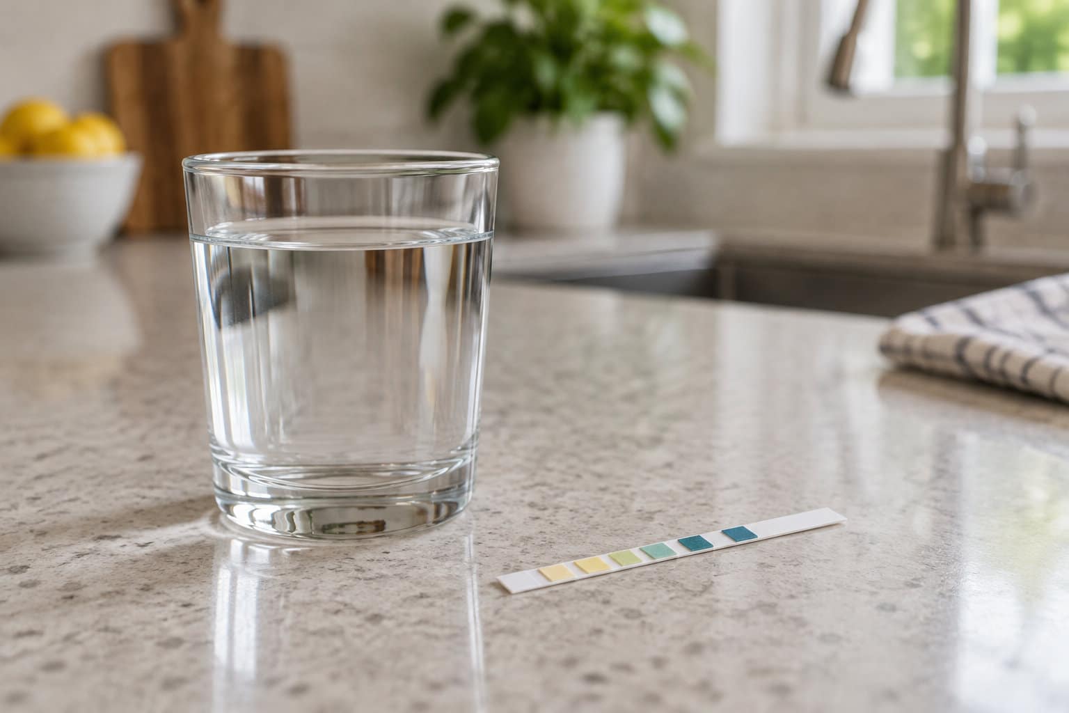 Un verre d&rsquo;eau et une bandelette de test color&eacute;e sont pos&eacute;s sur un plan de travail de cuisine.