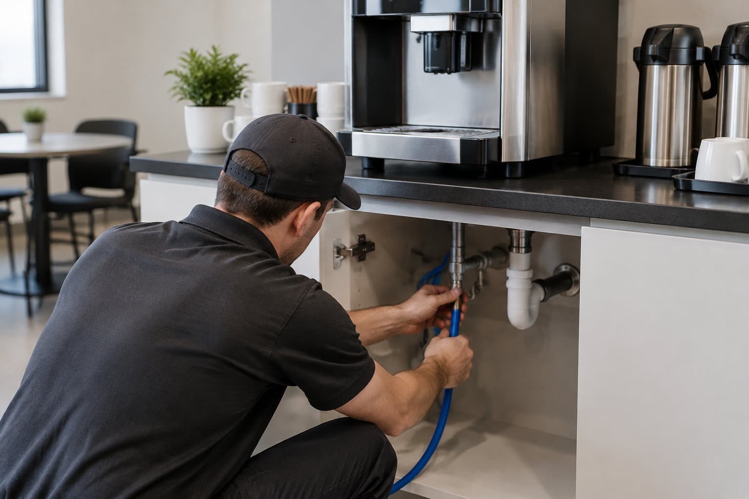 Un homme accroupi raccorde un tuyau bleu sous un comptoir &eacute;quip&eacute; d&rsquo;une machine &agrave; caf&eacute; et de thermos, dans une salle avec des tables et des chaises.