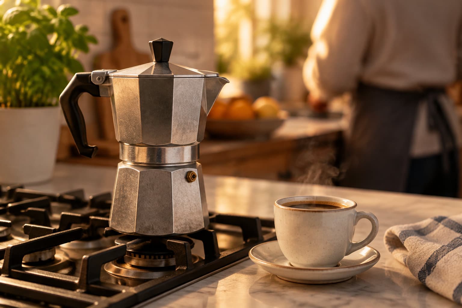 Une cafetière italienne chauffe sur une plaque de cuisson à côté d’une tasse de café fumant, dans une cuisine ensoleillée.
