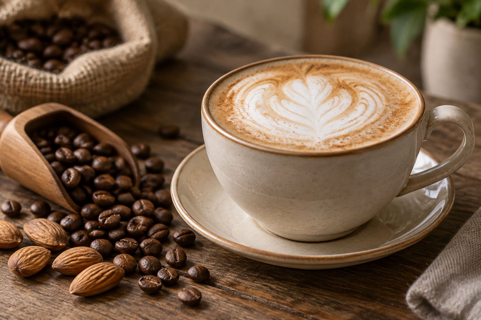 Une tasse de caf&eacute; au lait d&eacute;cor&eacute;e d&rsquo;un motif en forme de c&oelig;ur est pos&eacute;e sur une soucoupe, pr&egrave;s de grains de caf&eacute; et d&rsquo;amandes.
