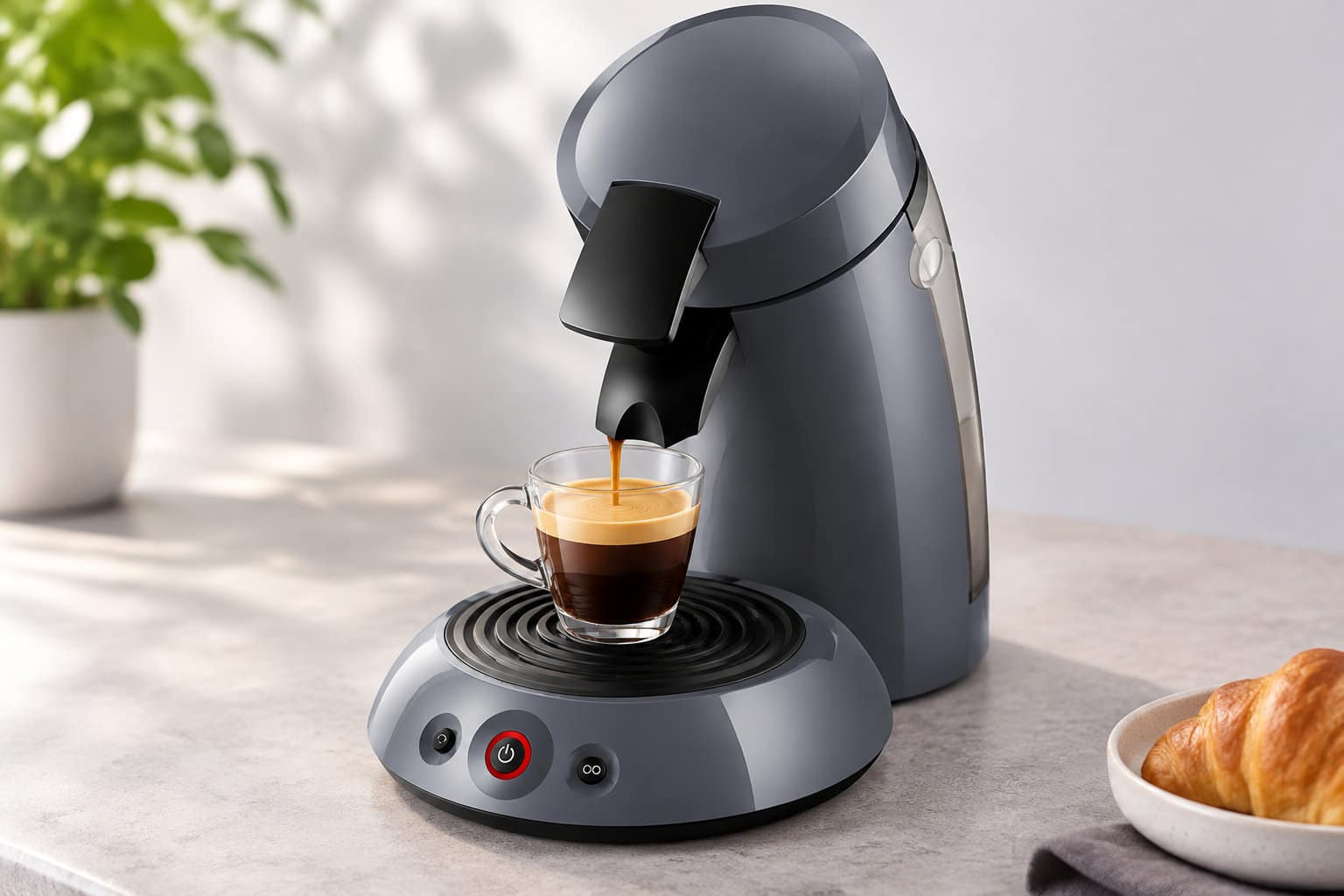 Une machine &agrave; caf&eacute; verse un espresso dans une tasse en verre, avec un croissant pos&eacute; dans un bol &agrave; c&ocirc;t&eacute;.