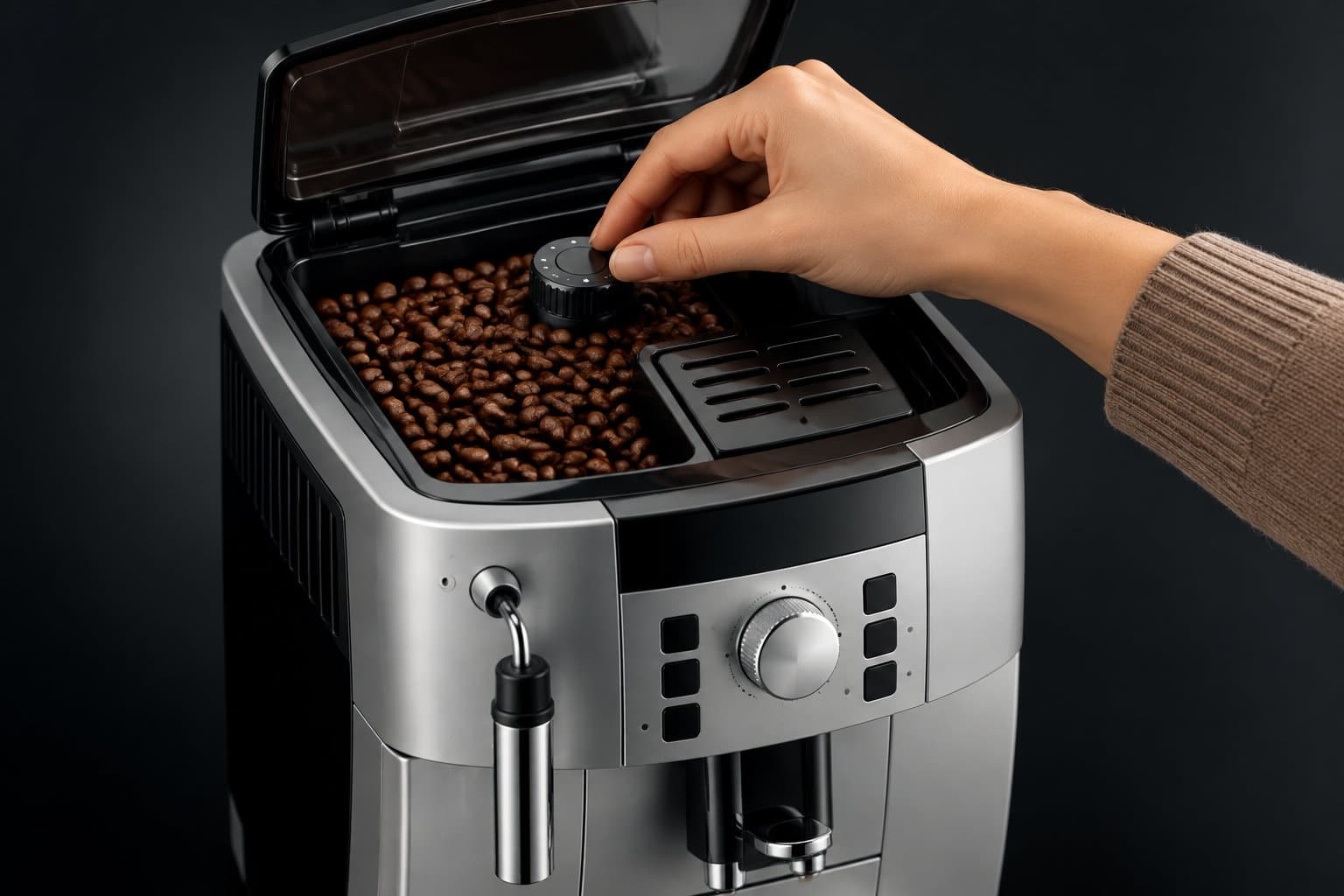 Une main tourne un bouton dans le r&eacute;servoir ouvert d&rsquo;une machine &agrave; caf&eacute; remplie de grains de caf&eacute;.