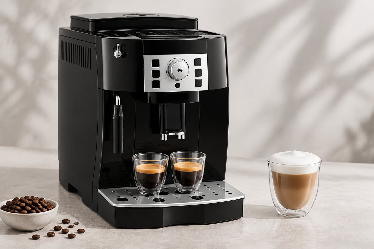 Une machine &agrave; caf&eacute; noire pr&eacute;pare deux expressos, avec un verre de caf&eacute; au lait mousseux et un bol de grains de caf&eacute; pos&eacute;s &agrave; c&ocirc;t&eacute;.