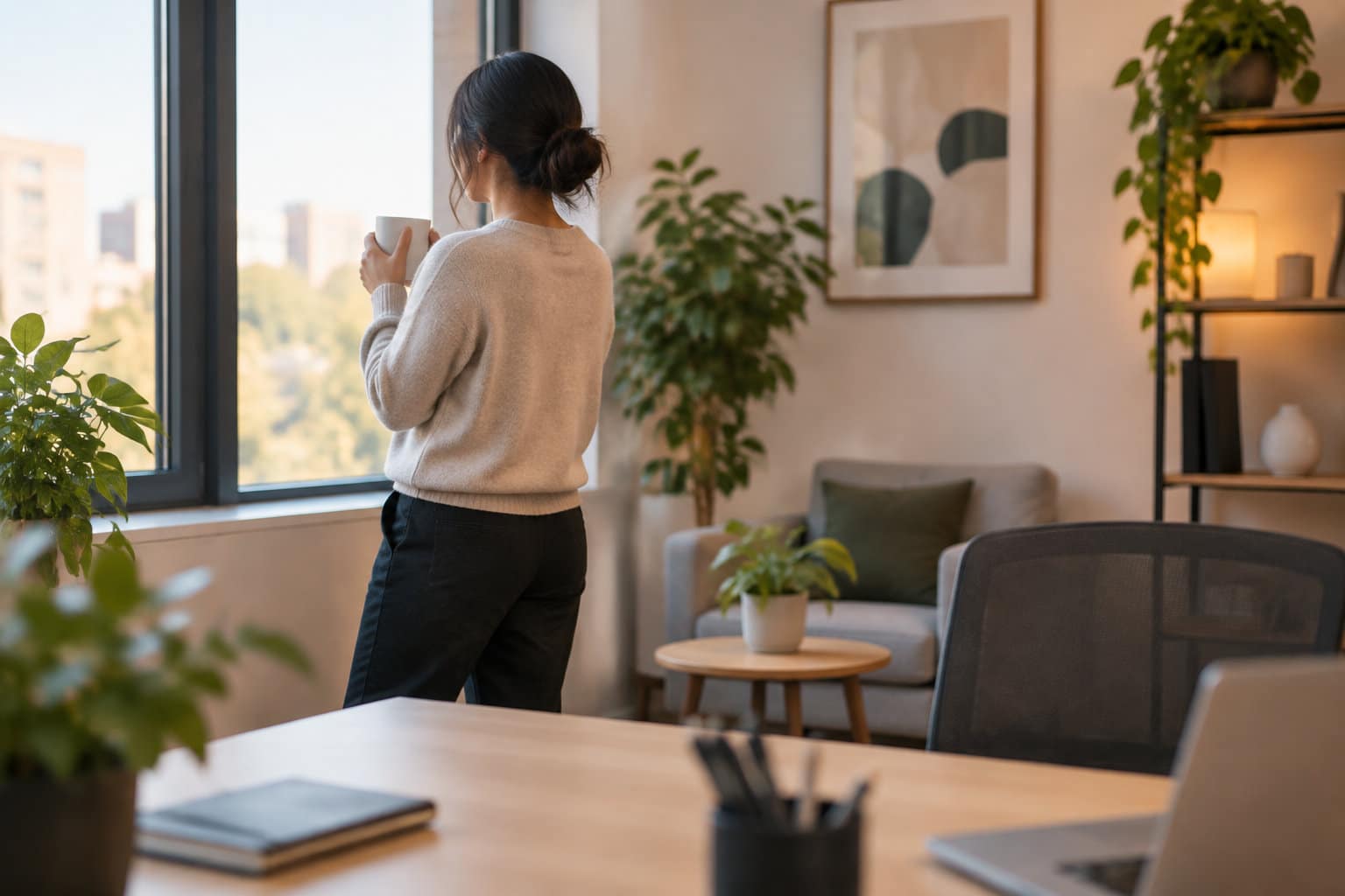 Une femme tenant une tasse regarde par la fen&ecirc;tre dans un bureau lumineux am&eacute;nag&eacute; avec des plantes, un canap&eacute; et un bureau.
