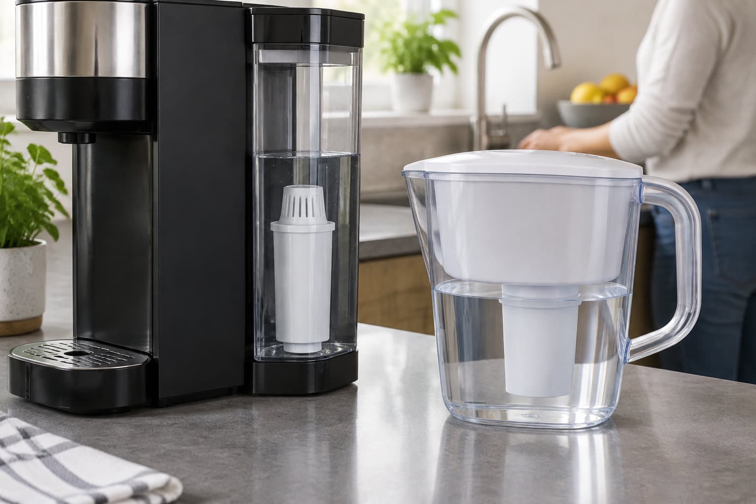 Une machine &agrave; caf&eacute; noire avec un r&eacute;servoir filtrant et une carafe filtrante transparente sont pos&eacute;es sur un comptoir de cuisine.